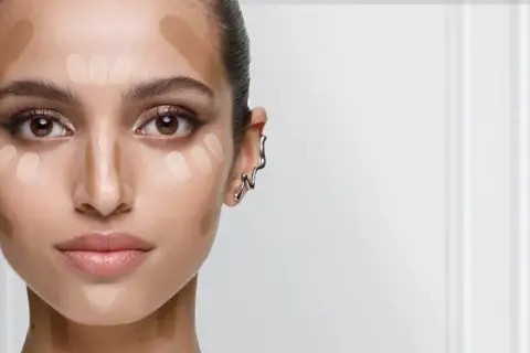 Ansikte med applicerad foundation och contouring för att skapa djup och framhäva drag. En guide till hur man får glow i ansiktet.