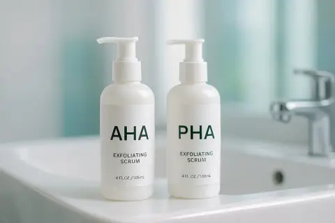 Två vita pumptoppflaskor med AHA och PHA exfolierande serum står på en diskbänk. AHA syra för en strålande hud.