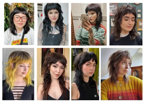 Kollage med åtta tjejer som visar upp olika varianter av den populära mullet frisyr.